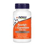 MKSTAVRINOS NOW Foods Acetyl-L-Carnitine supplement bottle with 50 vegetarian capsules, 500 mg each, on a white background.