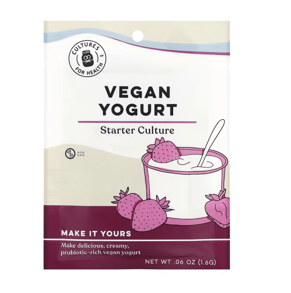 Vegan yogurt cultures by Cultures for Health in a 4-pack, small packets, used for making dairy-free yogurt at home.
