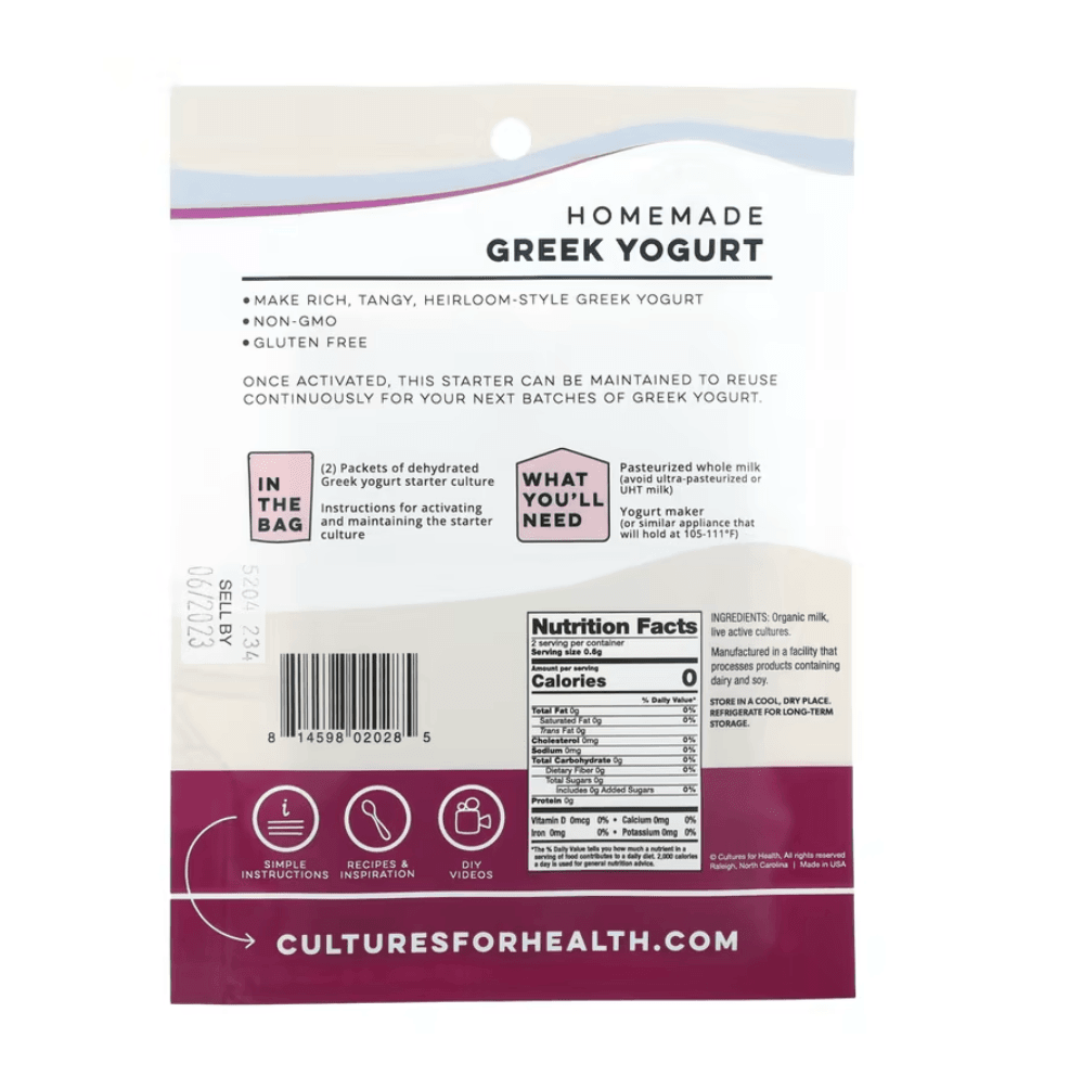Two packets of Cultures for Health Greek yogurt starter culture, IHERB brand, 0.04 oz each, used for homemade Greek yogurt.
