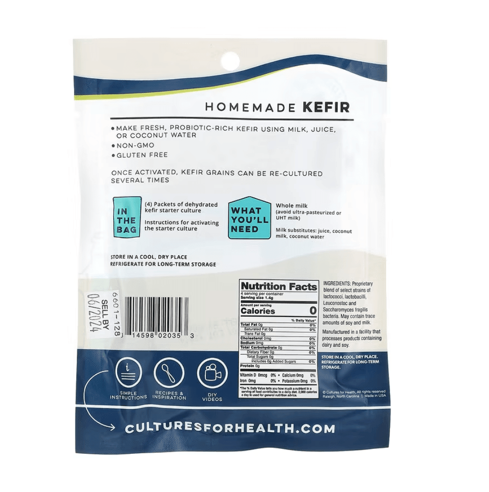 Cultures for Health kefir powdered starter in 0.2 oz (5.6 g) packet, used for making homemade kefir dairy probiotic drink