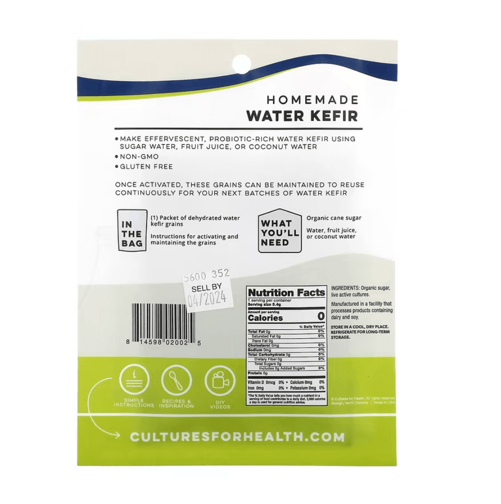 Water kefir starter culture packet from Cultures for Health, IHERB, showing the small 0.19 oz packet for making water kefir.