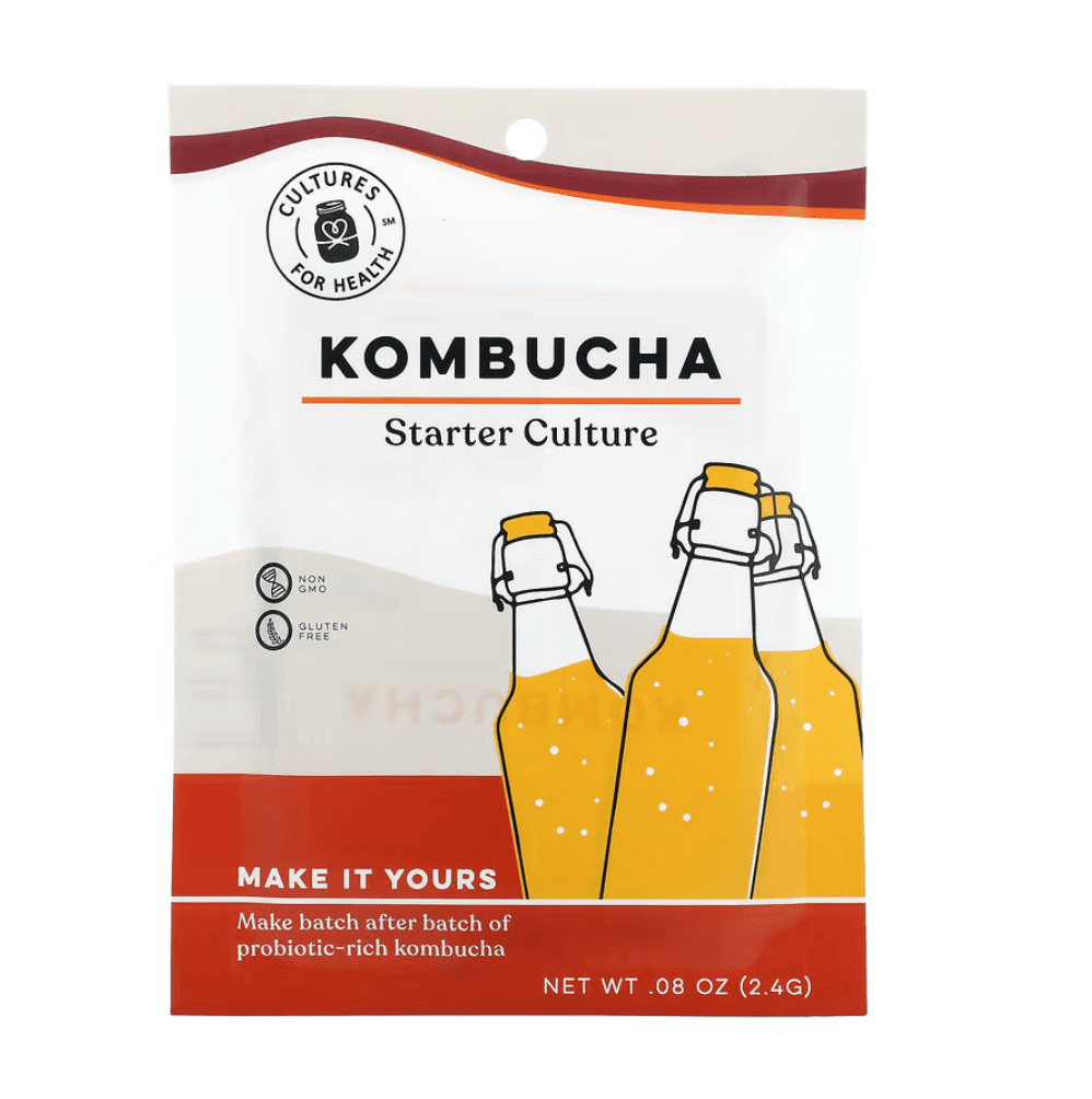 Kombucha culture supplement packet from Cultures for Health, 0.08 oz (2.4 g), used for brewing homemade kombucha tea.