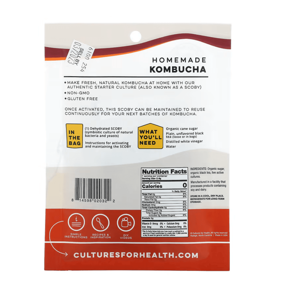 Kombucha culture packet from Cultures for Health, 0.08 oz (2.4 g), supplement for brewing homemade kombucha tea.