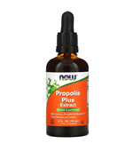 NOW Foods Propolis Plus supplement in a 2 fl oz bottle, with a natural extract for immune support and throat health.