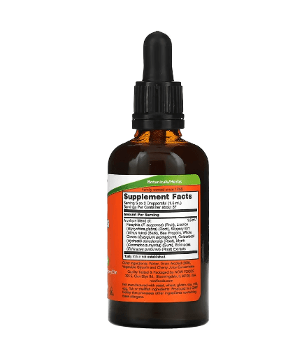 MKSTAVRINOS NOW Foods Propolis Plus extract supplement in a 2 fl oz bottle, used for immune support and oral health.