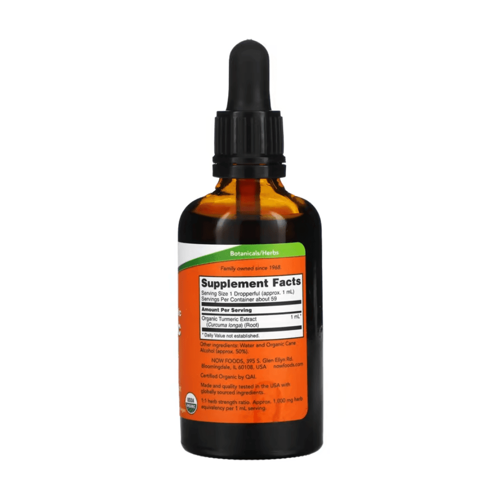 MKSTAVRINOS NOW Foods organic turmeric extract bottle with dropper, 2 fl oz, in a clear glass container.