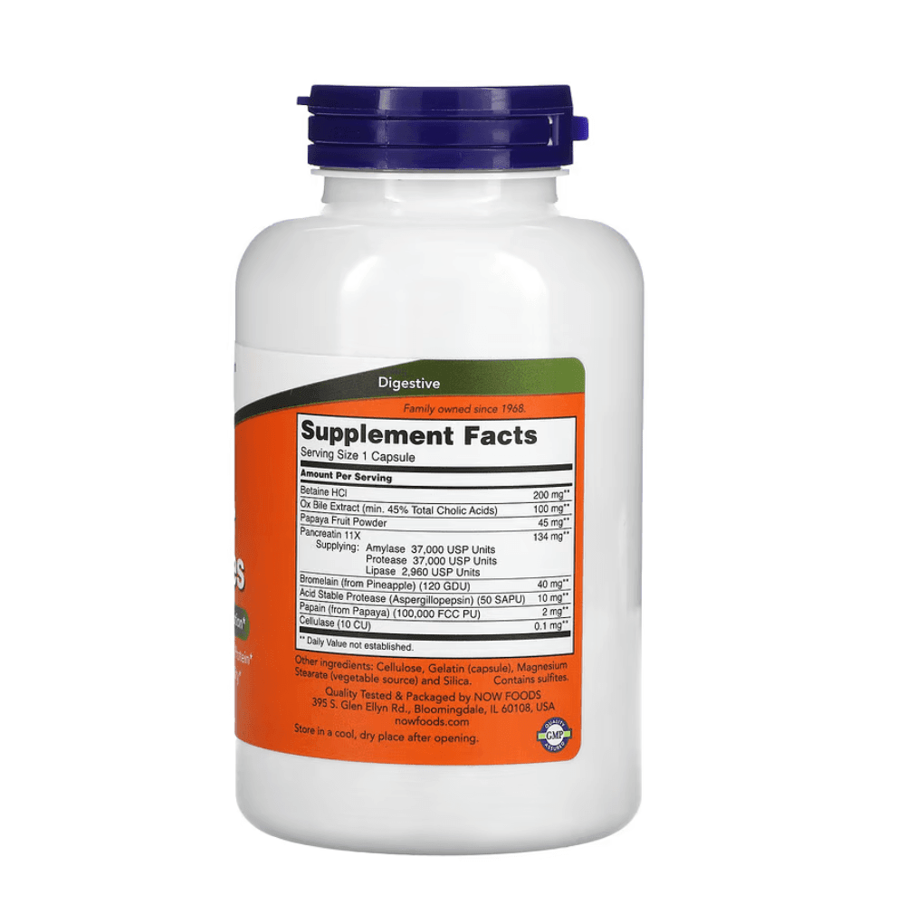 MKSTAVRINOS Super Enzymes supplement capsules from NOW Foods, 180-count bottle, dietary digestive enzyme support.