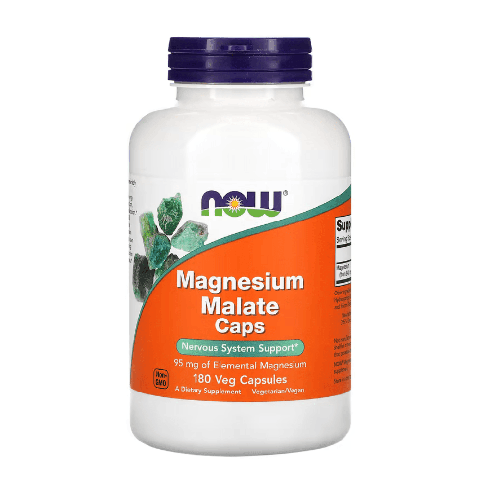 MKSTAVRINOS Now Foods magnesium malate supplement bottle with 180 tablets, dietary supplement for muscle and nerve support