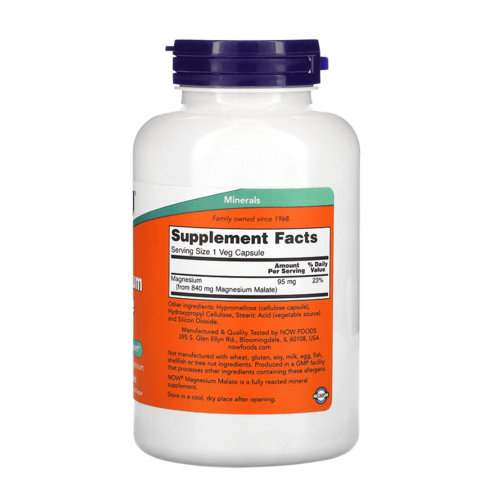 Now Foods magnesium malate supplement bottle with 180 tablets, showcasing the dietary supplement for muscle and energy support.