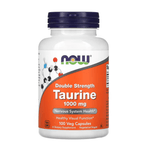 MKSTAVRINOS NOW Foods Taurine supplement capsules, 1,000 mg double strength, 100 vegetarian capsules on white background.