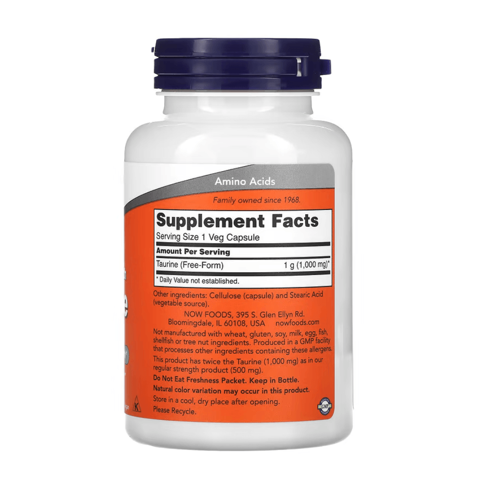 MKSTAVRINOS NOW Foods Taurine supplement capsules, double strength 1,000 mg, 100 vegetarian capsules in a bottle.