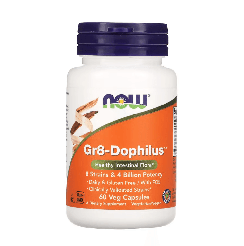 MKSTAVRINOS NOW Foods Gr8-Dophilus probiotic supplement with 60 vegetarian capsules, showing the product bottle and label.