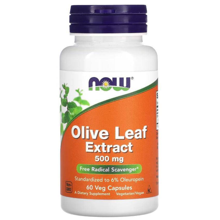 Old Products NOW Foods Olive Leaf Extract capsule supplement, 500 mg, showing the capsule container and label.