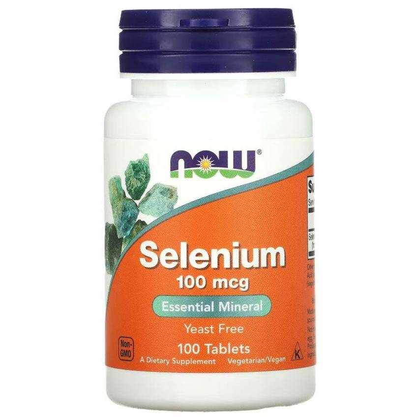 Selenium supplement by MKSTAVRINOS, 100 mcg tablets, showing a bottle of NOW Foods Selenium dietary supplement.