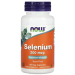 Bottle of NOW Foods Selenium 200 mcg supplement capsules in a clear container with a label showing the brand and supplement details.