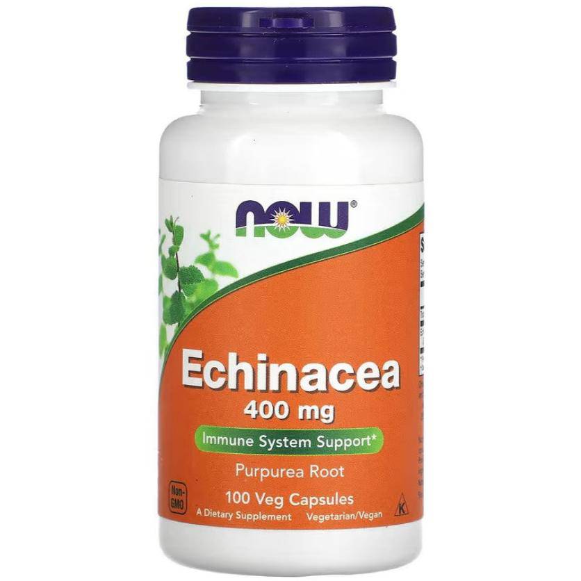 Old Products Now Foods Echinacea supplement in a bottle of 100 vegan capsules, showing the product label and capsules inside.