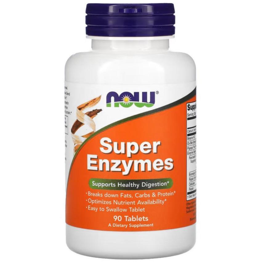 Old Products NOW Foods Super Enzymes supplement bottle with 90 tablets, showing the label and product packaging.