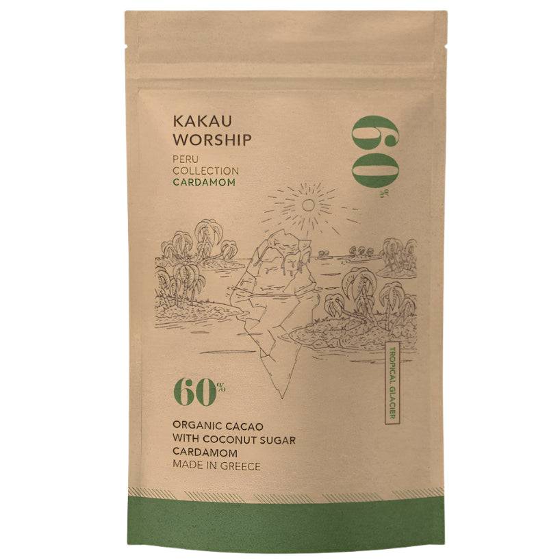 Kakau Worship Tropical Glacier Cardamom Chocolate Drink 150g package with vibrant tropical-themed design.