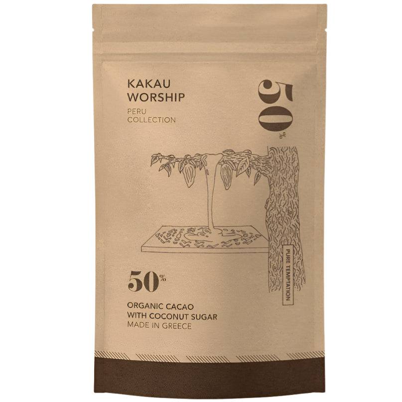 Kakau Worship Pure Temptation Mix chocolate, 150g, showcasing a rich, smooth chocolate blend in its packaging.