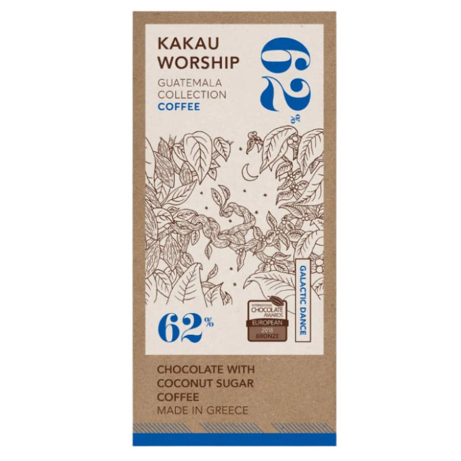 Kakau Worship Galactic Dance chocolate and coffee 75g package featuring colorful, cosmic-themed design on the front.