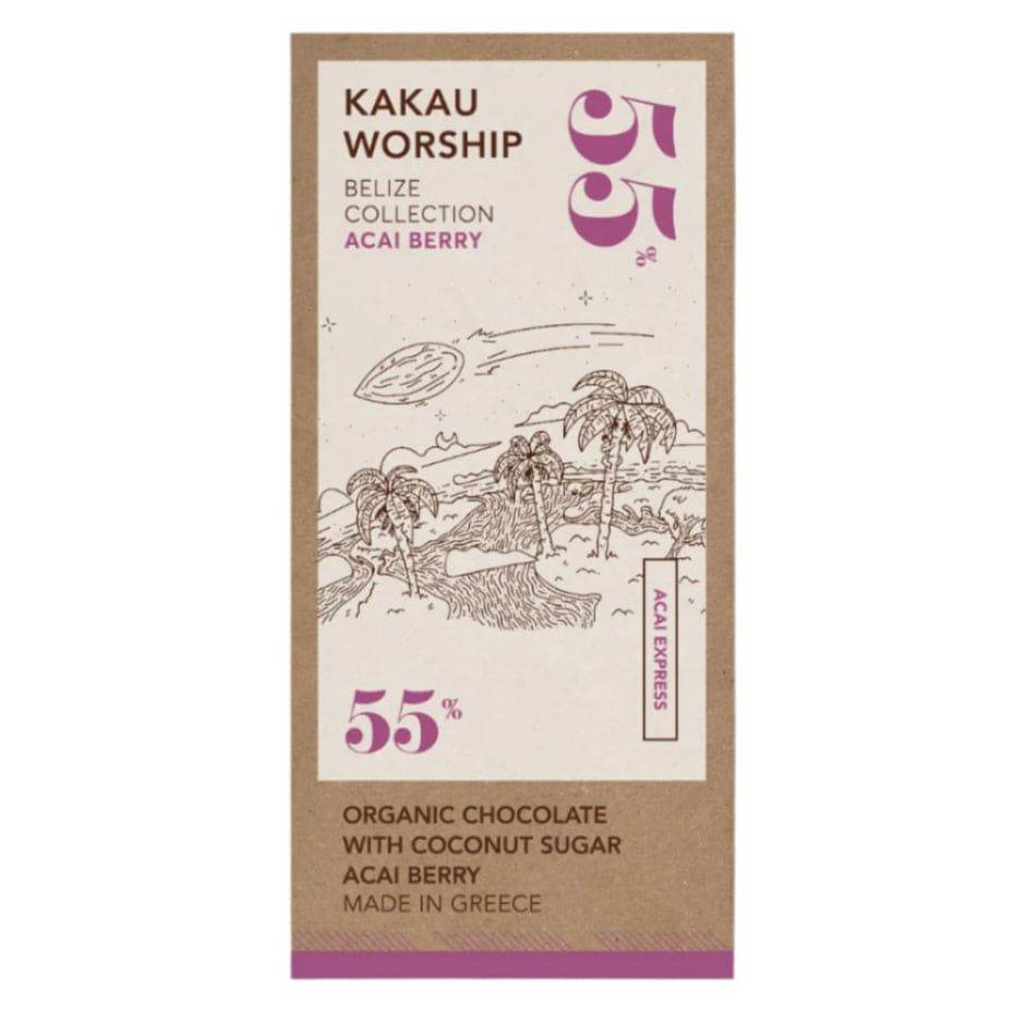 Kakau Worship Acai Express Chocolate bar with acai berry flavor, 75g, showing the chocolate packaging and brand logo.