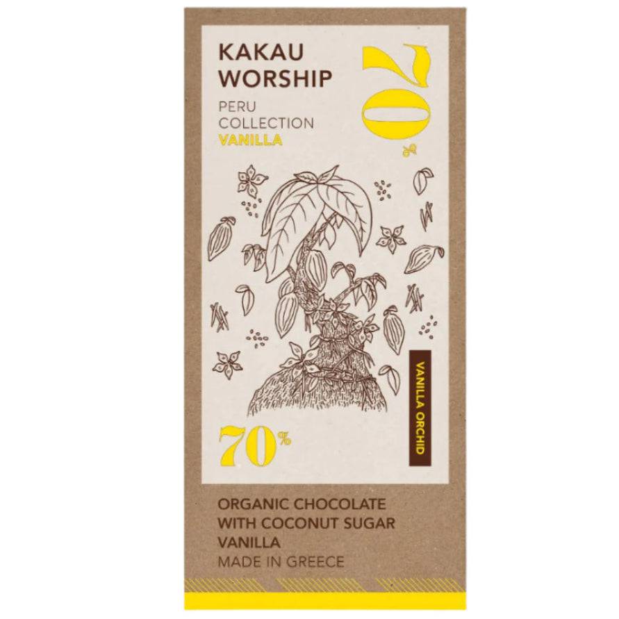 Kakau Worship Vanilla Orchid Chocolate bar in 75g packaging, featuring smooth vanilla-flavored dark chocolate with orchid notes.
