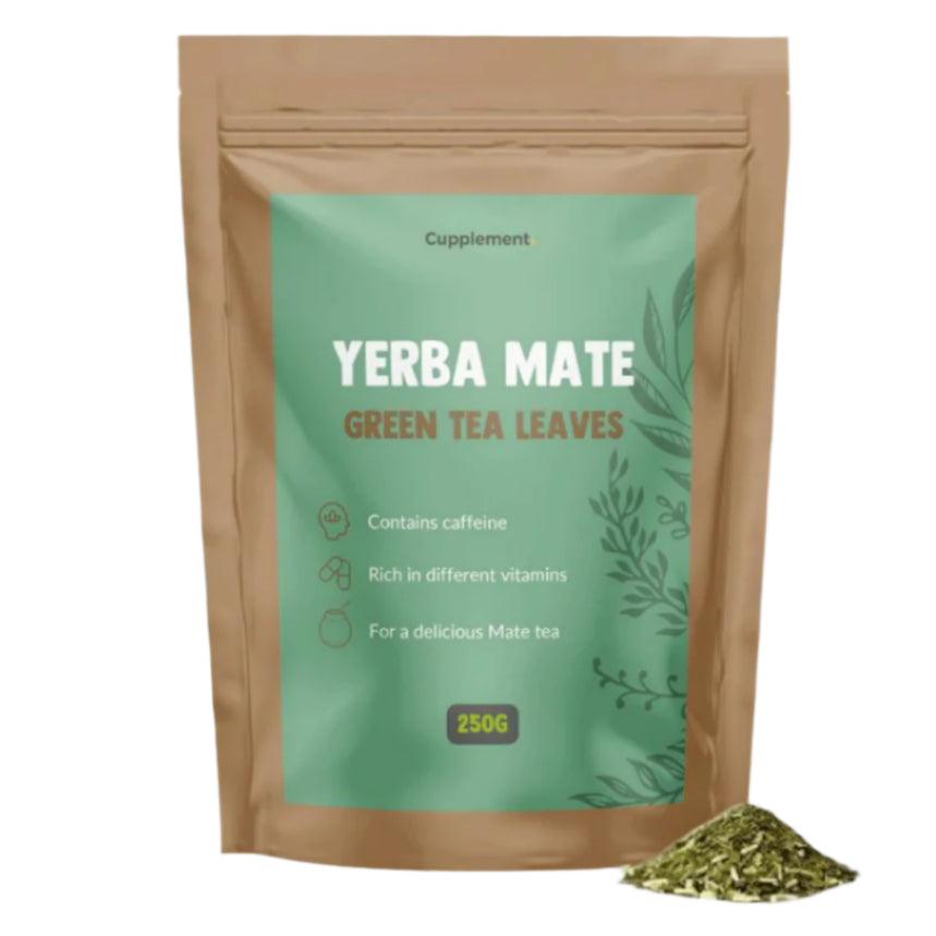 Cupplement Yerba Mate tea leaves in a 250g package, showing fresh green tea leaves for traditional herbal infusion.