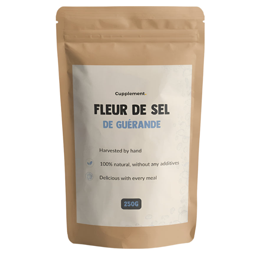 Cupplement Fleur De Sel salt in a 250g container, showing coarse, flaky sea salt crystals used for seasoning and gourmet cooking.
