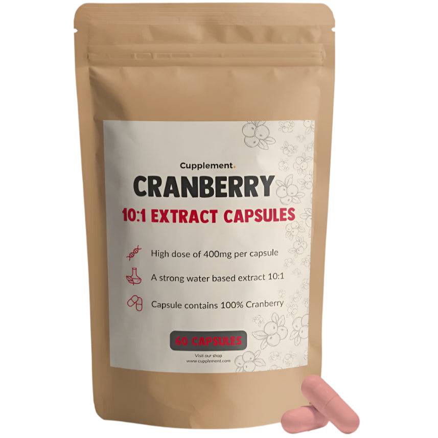 CUPLEMENT Cranberry Extract Capsules, 400 mg superfood supplement, showing 60 capsules in a bottle for urinary health support