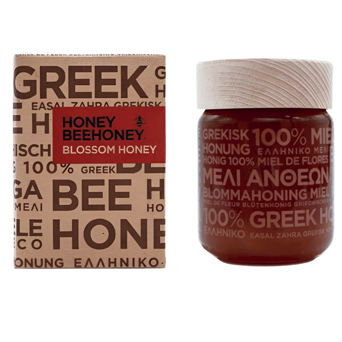 LV Natural Foods luxury blossom honey superfood jar with golden honey visible in a clear glass container.