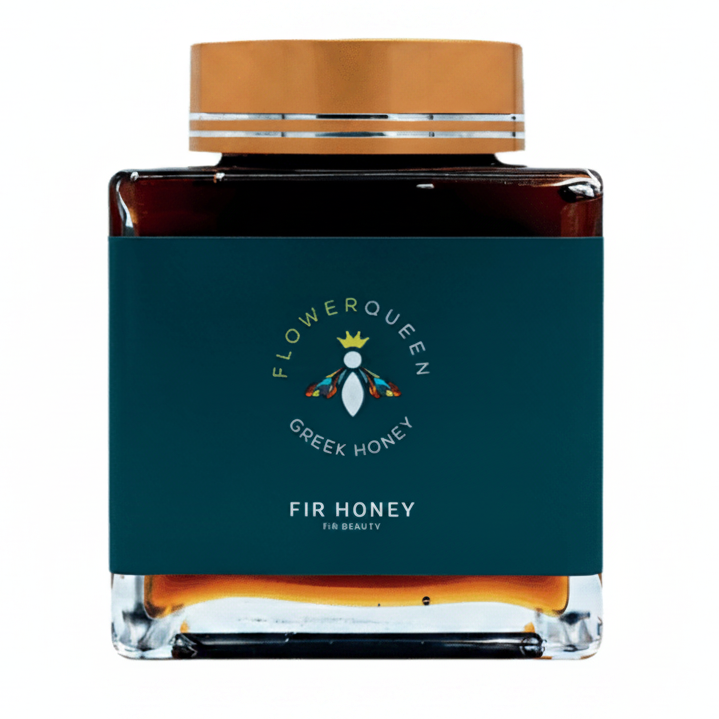 Jar of LV Natural Foods Queen Fir Honey superfood, 500g, with golden honey visible in a clear glass jar.