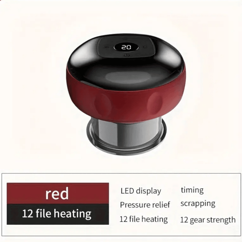 TEMU vacuum cupping massager accessory with electric heating, showing a portable device with suction cups and control buttons.