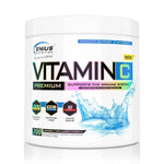 Genius Nutrition Vitamin C supplement 200g jar with scoop, showing bright orange flavored powder in a clear container.