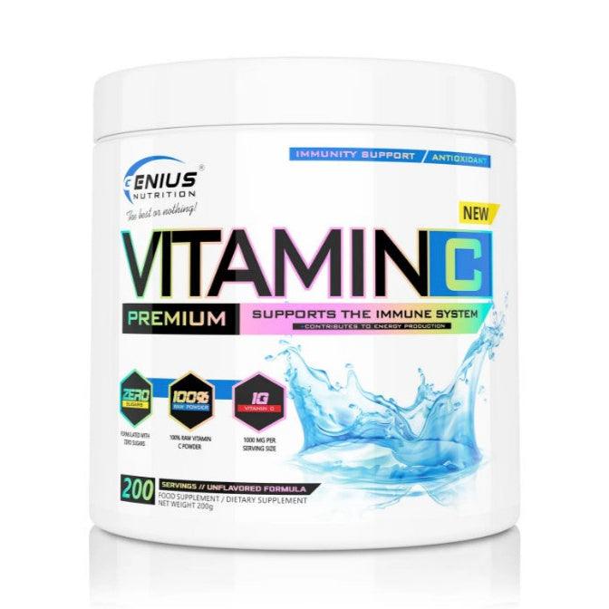 Genius Nutrition Vitamin C supplement 200g jar with scoop, showing bright orange flavored powder in a clear container.