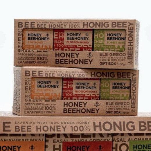 LV Natural Foods luxury honey gift set with three 50g jars, showcasing natural, high-quality superfood honey arranged in a gift box.