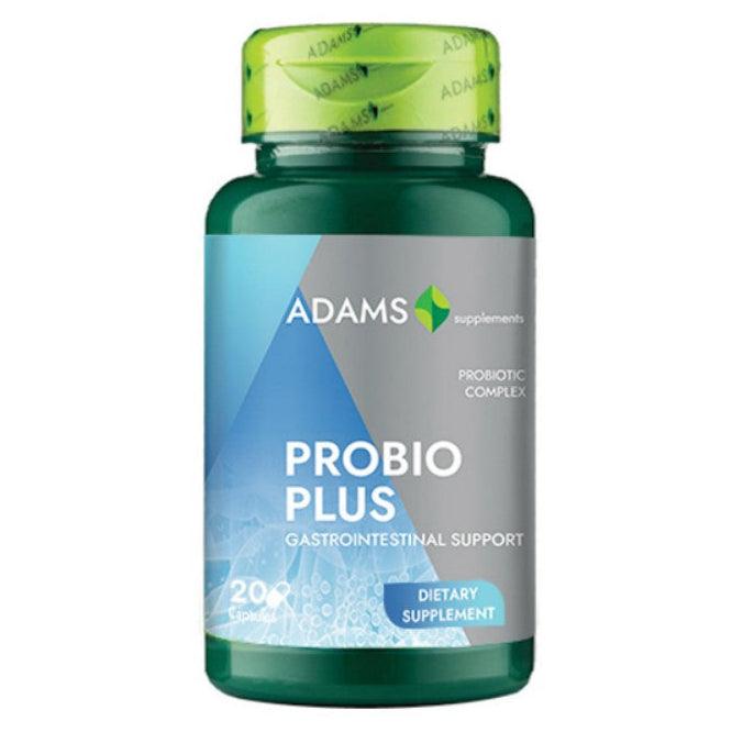 Bottle of Adams Supplements Probioplus probiotic supplement with 20 capsules, featuring label details and product branding.