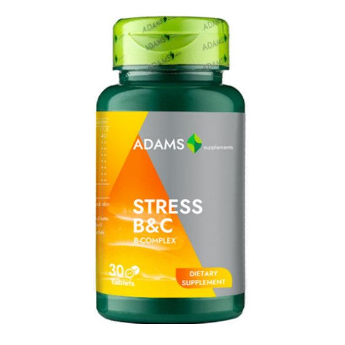 Adams Supplements Stress B&C supplement bottle with 30 tabs, showing the label and supplement tablets inside