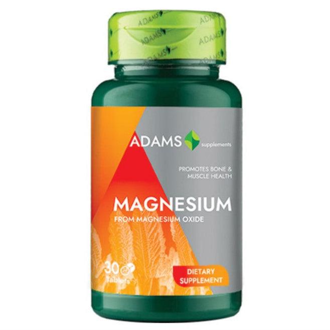 Bottle of Adams Supplements Magnesium 375mg supplement with label visible, showing supplement details and branding.