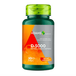 Bottle of Adams Supplements Vitamin D-5000 softgels with 30 capsules in clear packaging on a white background
