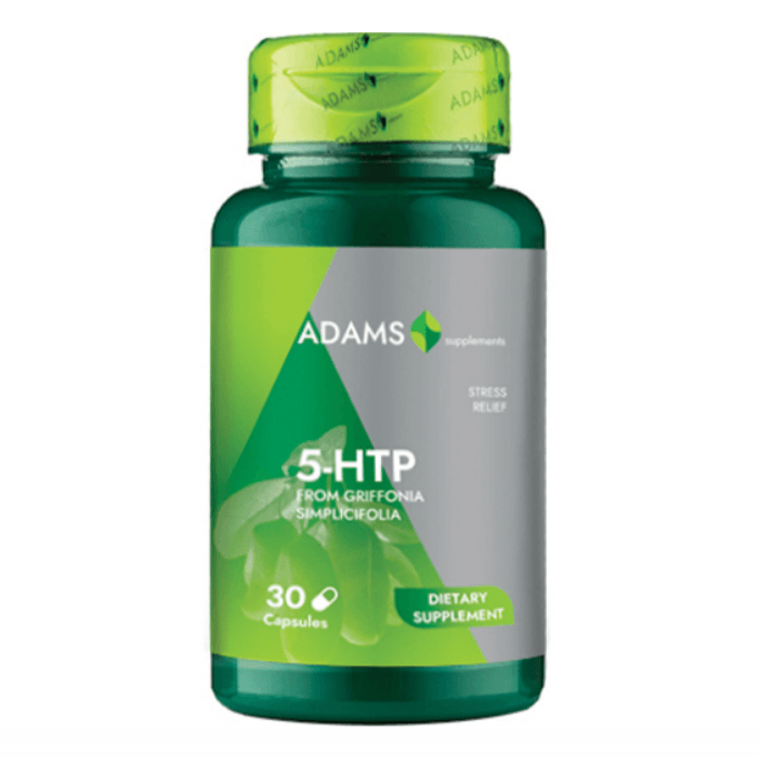 Bottle of Adams Supplements 5-HTP 50mg capsules, dietary supplement for mood and relaxation, with label and capsule details visible.