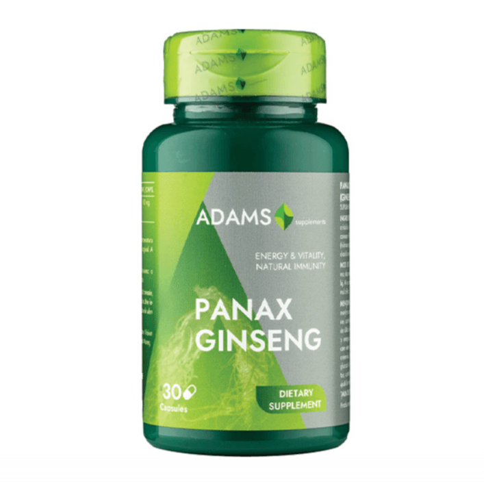 Adams Supplements Panax Ginseng 1000mg supplement capsules, 30 count, shown in clear close-up image with bottle and label.