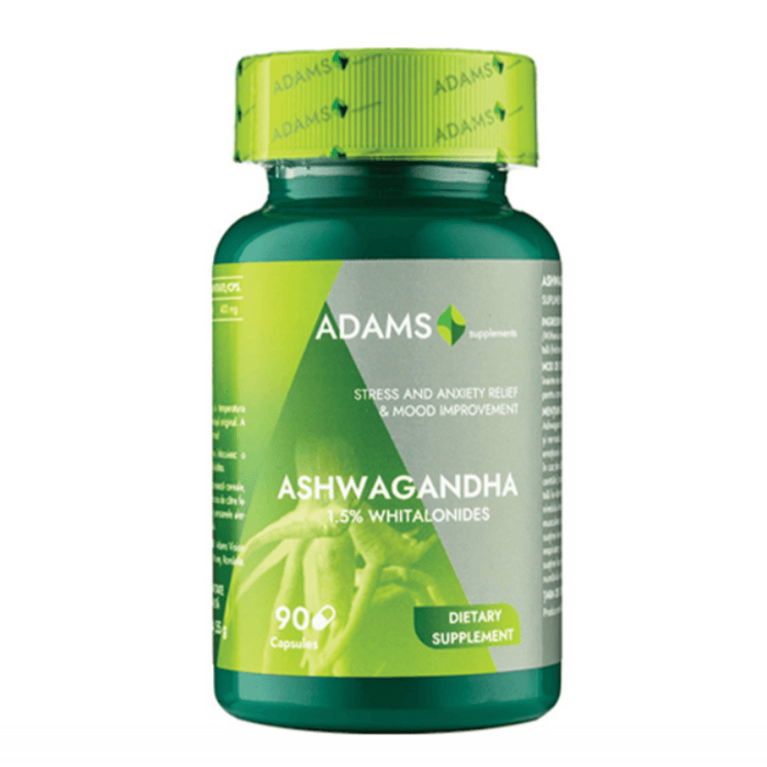 Bottle of Adams Supplements Ashwagandha 400mg supplement with white label and green cap on a plain background.