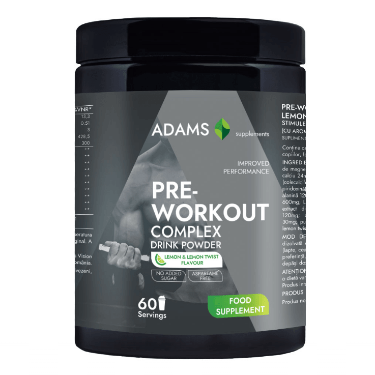Adams Supplements PreWorkout Complex in lemon-twist flavor, 360g supplement powder with lemon flavor and supplement packaging.
