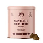IMBY Skin Health dog supplement bottle with label showing natural ingredients and product details for supporting canine skin.