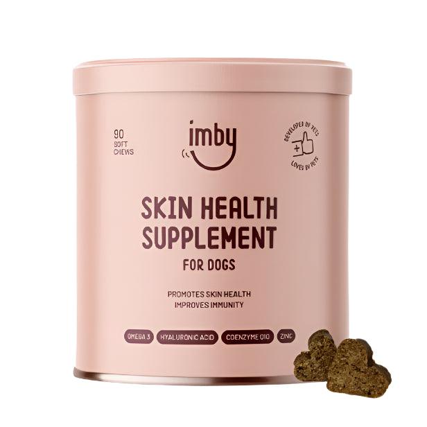 IMBY Skin Health dog supplement bottle with label showing natural ingredients and product details for supporting canine skin.