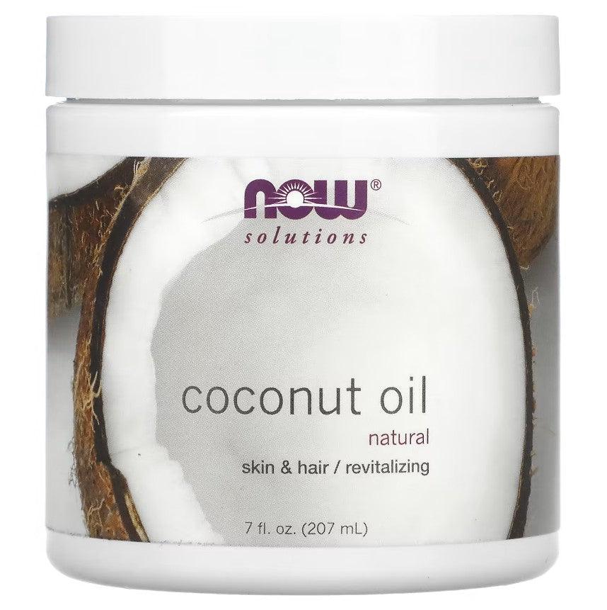 MKSTAVRINOS NOW Foods Coconut Oil bottle for skin care, 7 fl oz (207 ml), natural coconut oil in a clear bottle.