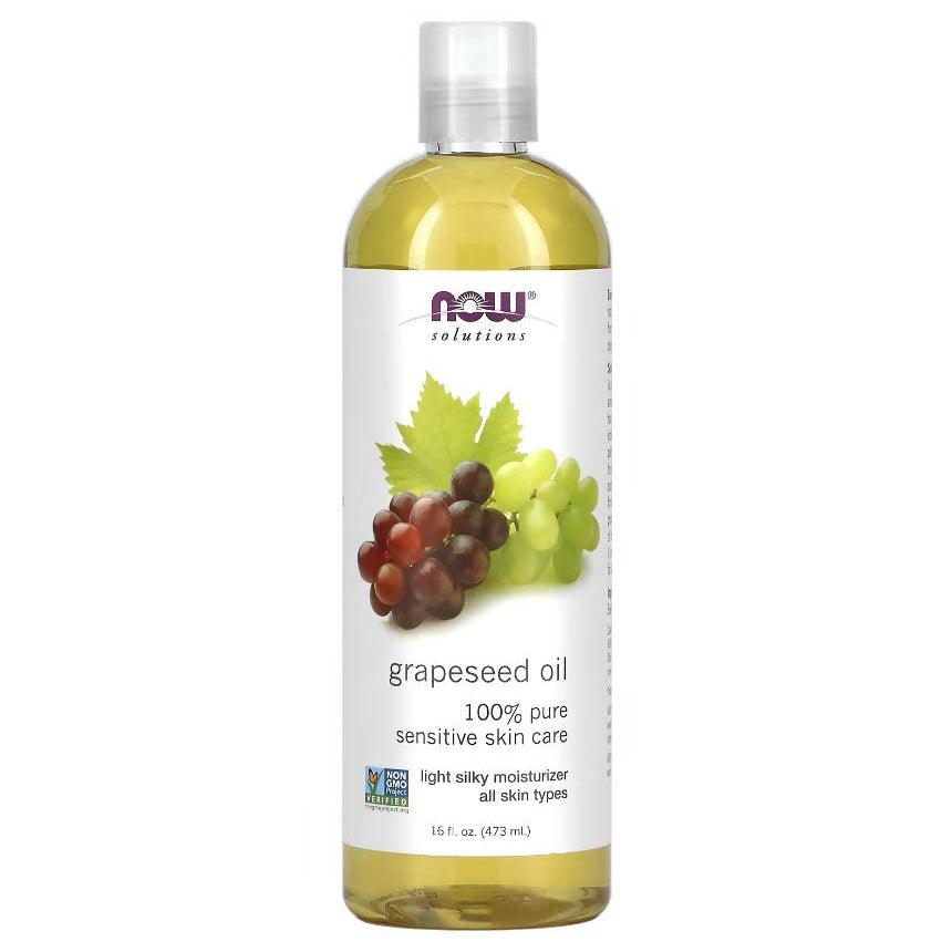 MKSTAVRINOS NOW Foods Grapeseed Oil for skin care, 16 fl oz bottle with golden liquid inside.
