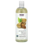 Pure NOW Foods Sweet Almond Oil in a clear bottle, used for moisturizing skin, unscented, 16 fl oz, natural skincare product.