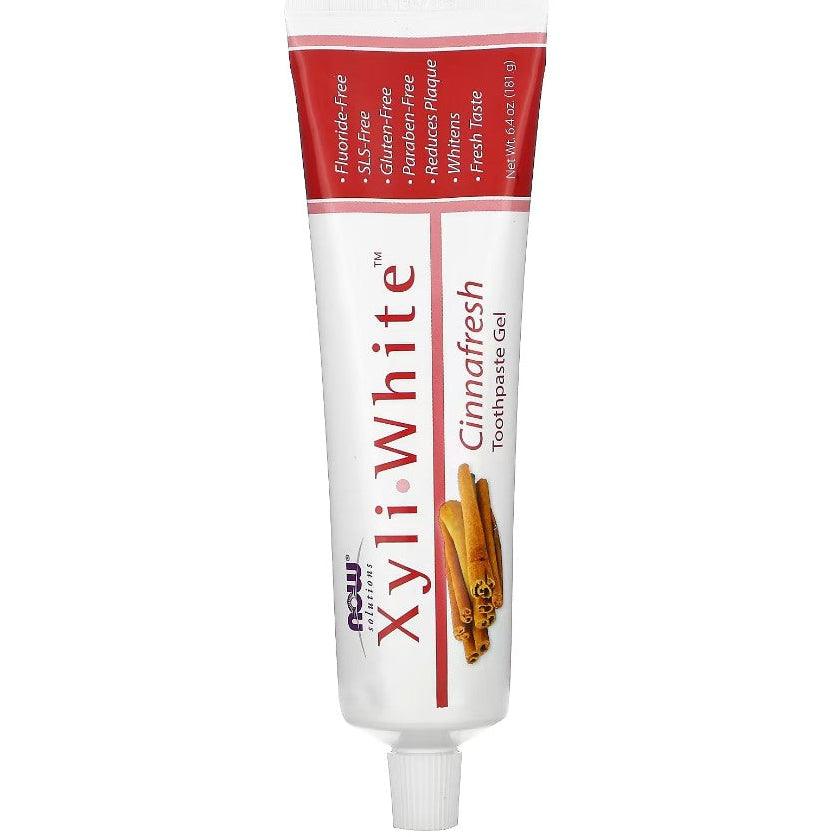 MKSTAVRINOS XyliWhite Cinnafresh toothpaste gel in 6.4 oz tube, showing minty cinnamon flavor and fresh mint leaves on the packaging.