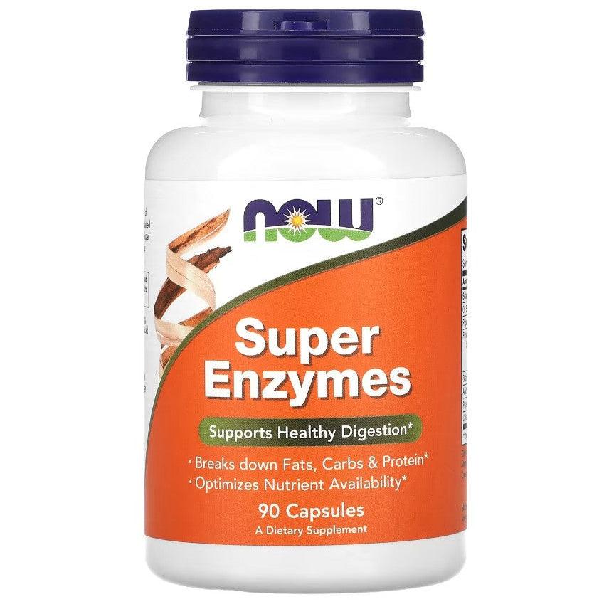 MKSTAVRINOS NOW Foods Super Enzymes supplement capsules, 90-count bottle, showing the product label and capsules inside the bottle